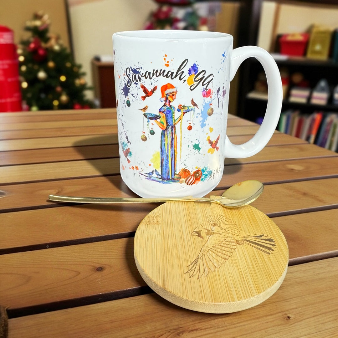 15oz Savannah GA Christmas Bird Girl Coffee/Tea Mug with engraved Top Spoon