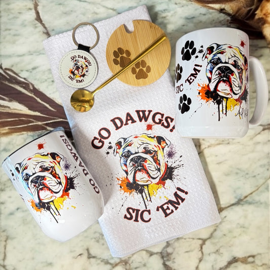 Set of mugs, towel, and keychain with bulldog design and 'GO DAWGS! SIC EM!' 