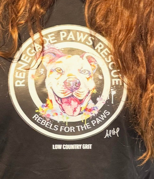 Black t-shirt with a colorful dog illustration and 'Renegade Paws Rescue' text.