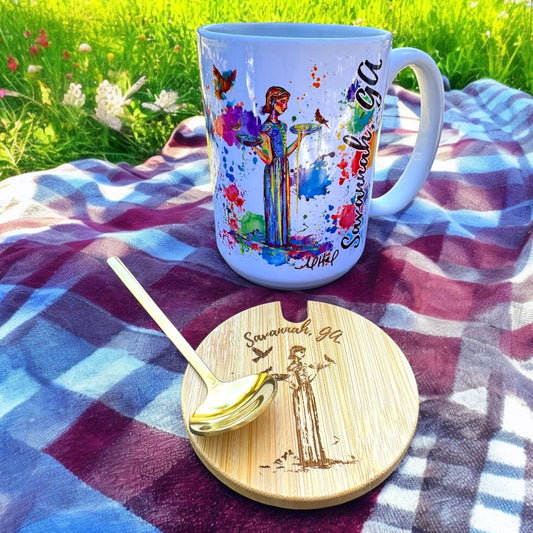 Savannah GA Bird Girl Coffee Cup with engraved top & spoon