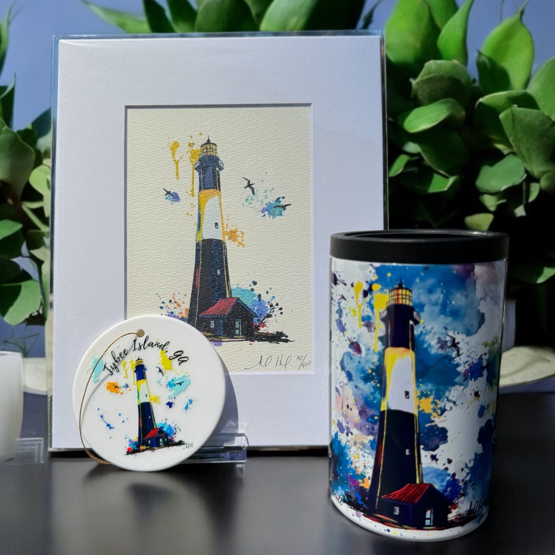 Lighthouse-themed koozie, ornament, and print. 